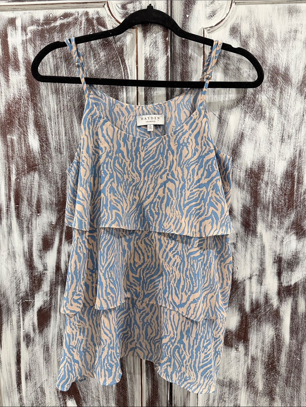 Hayden Blue & Beige Tiered Zebra-Print Spaghetti Strap Tank